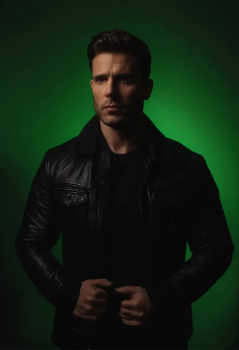 photo portrait of 30 yo man wears Black jacket, normal hair, green and red ledlight background, realism, photorealism, hyperrealism, (insane details:1.3), 35mm