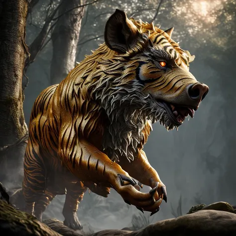 epic creature, The combination of wild boar and tiger, the imprint of the sun, pure golden wings, extremely detailed real-time rendering animation, clear, ultra detailed, high sensitivity, soft lighting, ultra clear details, ultra clear materials, ultra wi...