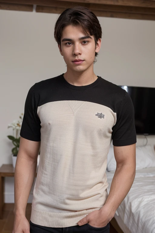 1 Hombre ((best quality)), ((masterpiece)), (Hombre mexicano , foto realista, Age 20 years old and white skin combination with brown and medium body with a slim build but with muscles in a black shirt and white sweater Boy with Mexican features and medium ...