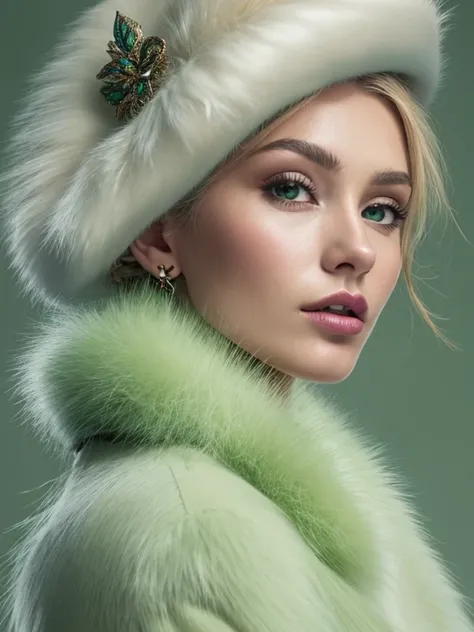 a close up of a woman wearing a Light Green hat and earrings, sleek dark fur, Light Green Fur, Russian style, very beautiful fur, fine fur, Dasha Taran, dark fur, Fur details, top hat, Anastasia Ovchinnikova, Light Green hat, synthetic fur, Elena Belova, w...