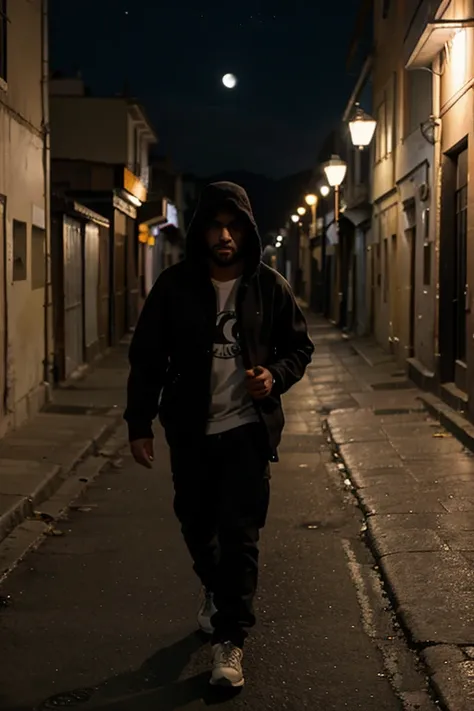 chico con sudadera y capucha, caminando en una calle, en la noche, casi a oscuras, viendo la luna