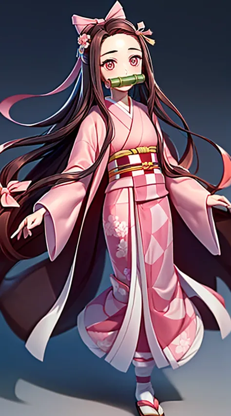 Masterpiece, best quality, high resolution, venus1, 1girl, solo, kamato nezuko, bamboo, brown hair, (((pink ribbon)) checkered belt, gag, gag, gradient hair, haori, japanese clothes, kimono, long hair, looking at the audience, pink eyes, pink kimono, pink ...