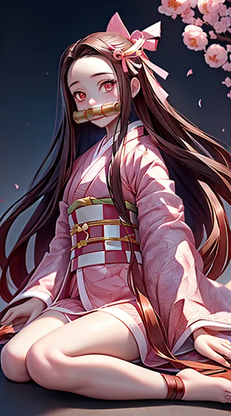 Masterpiece, best quality, high resolution, venus1, 1girl, solo, kamato nezuko, bamboo, brown hair, (((pink ribbon)) checkered belt, gag, gag, gradient hair, haori, japanese clothes, kimono, long hair, looking at the audience, pink eyes, pink kimono, pink ...