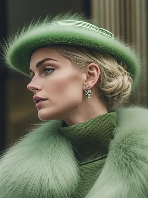 a close up of a woman wearing a Light Green hat and earrings, sleek dark fur, Light Green Fur, Russian style, very beautiful fur, fine fur, Dasha Taran, dark fur, Fur details, top hat, Anastasia Ovchinnikova, Light Green hat, synthetic fur, Elena Belova, w...