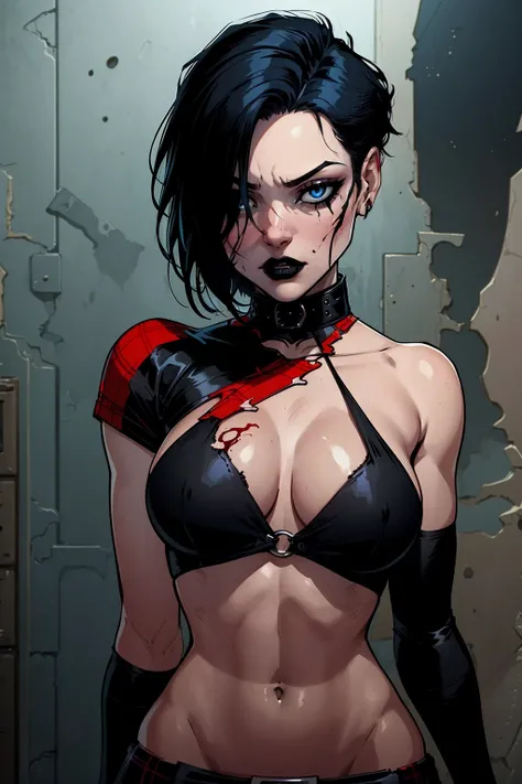 a woman with short black hair, hair on shoulders,  wearing a black cropped  and plaid skirt, blue eyes, zombie art, gothic art, cute aesthetic with vibe, toon aesthetic, wearing red costume, wearing gothic accessories, look like Cassie Hack, upper body, zo...