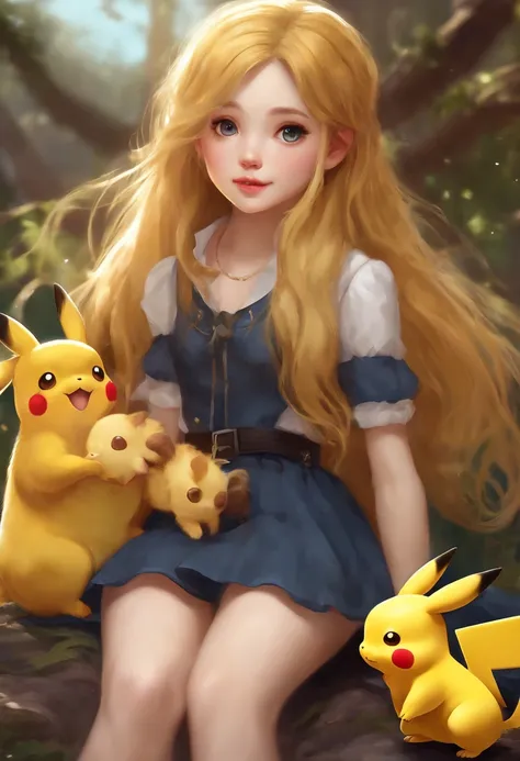 { - anatomy error} (Masterpiece - Ultra-detailed, very high resolution) Girl with long yellow hair and short skirt holding a playful and cute Pikachu