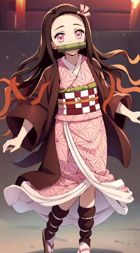 Masterpiece, best quality, high resolution, venus1, 1girl, solo, kamato nezuko, bamboo, brown hair, (((pink ribbon)) checkered belt, gag, gag, gradient hair, haori, japanese clothes, kimono, long hair, looking at the audience, pink eyes, pink kimono, pink ...