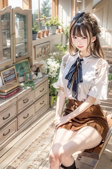 (upper body) , masterpiece , top quality , very detailed , 1 person, (contrasting eyes) , standing , blouse, skirt , bangs , room , indoor