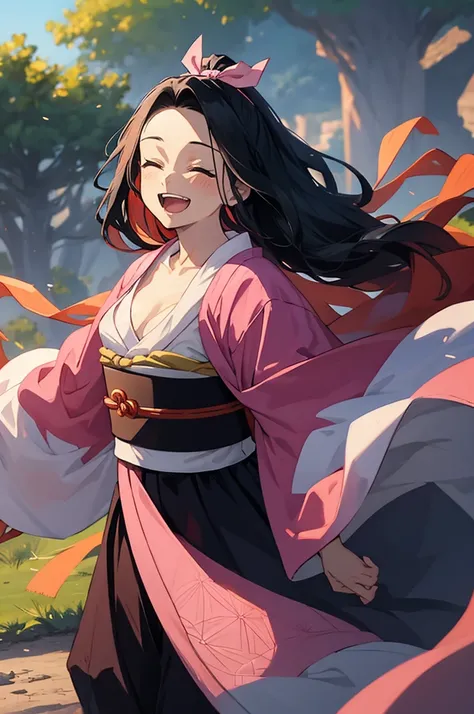 anime, hdr, soft light, ((best quality)), ((masterpiece)), (detailed), nezuko, black hair, forehead, open mouth smiling, eyes closed big fangs, very long hair, hair ribbon, japanese clothes, pink kimono, multicolored hair, pink ribbon, cleavage, standing, ...