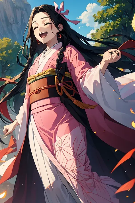 anime, hdr, soft light, ((best quality)), ((masterpiece)), (detailed), nezuko, black hair, forehead, open mouth smiling, eyes closed big fangs, very long hair, hair ribbon, japanese clothes, pink kimono, multicolored hair, pink ribbon, cleavage, standing, ...