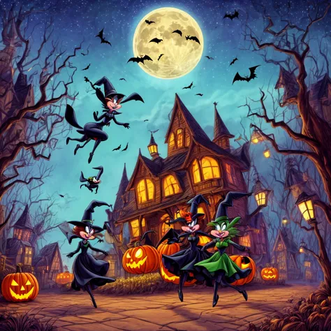 (best quality,4k,highres),looney tunes witches flying through a pumpkin patch at night,racing witches with broomsticks,spooky,co...