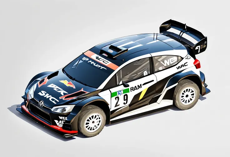 isometric view, 1 black rally car, WRC style, white background, isometric, 2D, high resolution, high quality