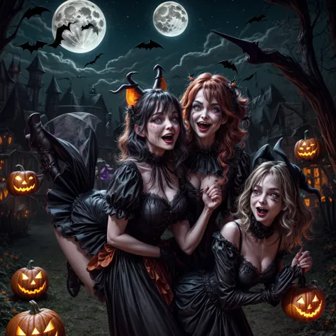 (best quality,4k,highres),looney tunes witches flying through a pumpkin patch at night,racing witches with broomsticks,spooky,comical,pumpkin-filled patch,charmingly detailed pumpkins,colorful witch costumes,full moon lighting,whimsical atmosphere,windswep...