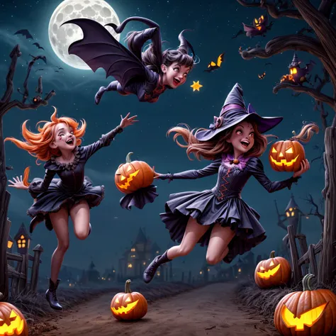 (best quality,4k,highres),looney tunes witches flying through a pumpkin patch at night,racing witches with broomsticks,spooky,comical,pumpkin-filled patch,charmingly detailed pumpkins,colorful witch costumes,full moon lighting,whimsical atmosphere,windswep...