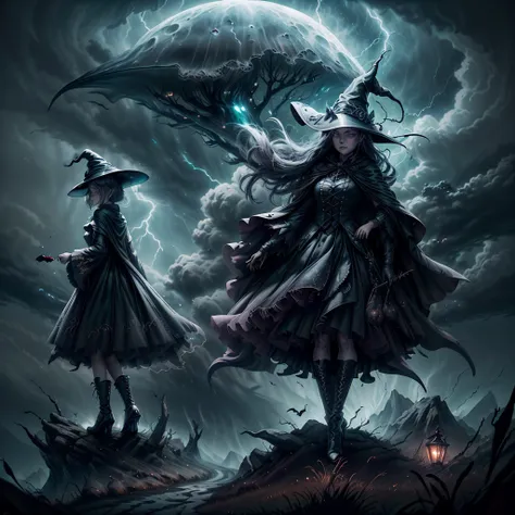 (best quality,ultra-detailed),scary witches flying on broomsticks, tense race through a cloud and thunderstorm-filled night sky,...