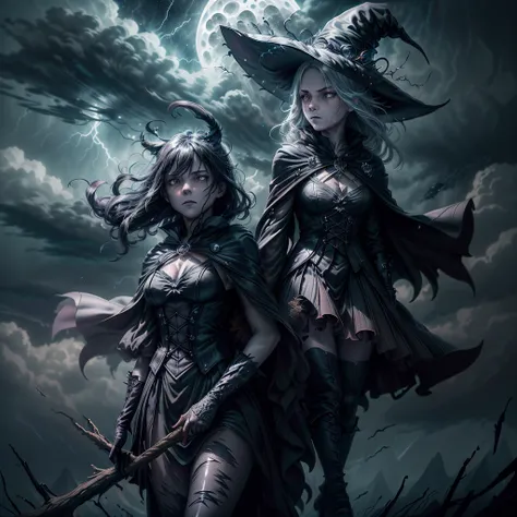 (best quality,ultra-detailed),scary witches flying on broomsticks, tense race through a cloud and thunderstorm-filled night sky,...