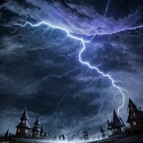 (best quality,ultra-detailed),scary witches flying on broomsticks, tense race through a cloud and thunderstorm-filled night sky,...