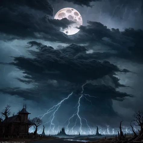 (best quality,ultra-detailed),scary witches flying on broomsticks, tense race through a cloud and thunderstorm-filled night sky,...