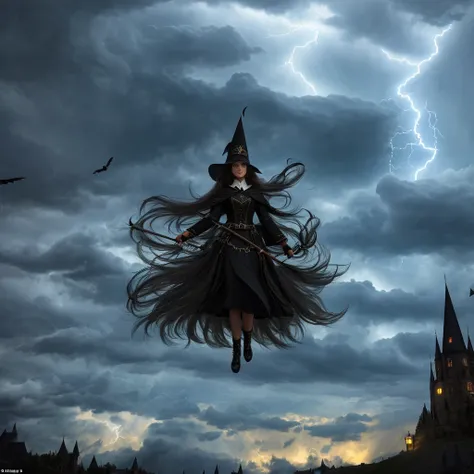 In the vast expanse of the night sky, a thrilling and perilous race takes place among a coven of witches, flying on their broomsticks against a backdrop of an ominous cloud and thunderstorm. The best quality, high-resolution image captures the scene with b...