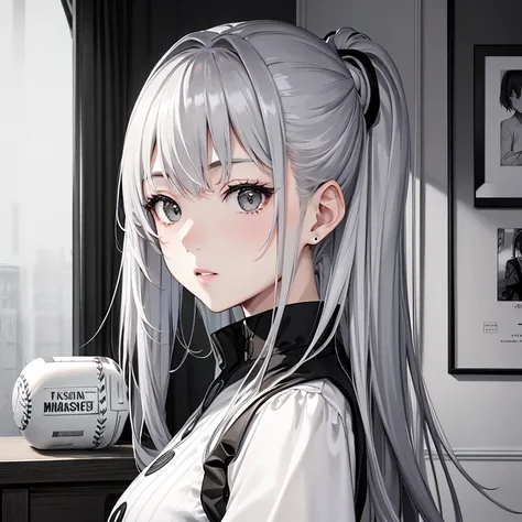 masterpiece、highest quality、High resolution、High quality images、8K、1 female、Monochrome grayscale、detailed、detailedな目の描写、skin luster、shiny short silver hair、long hair、Nomiya、Portrait、Baseball Club、Canned juice