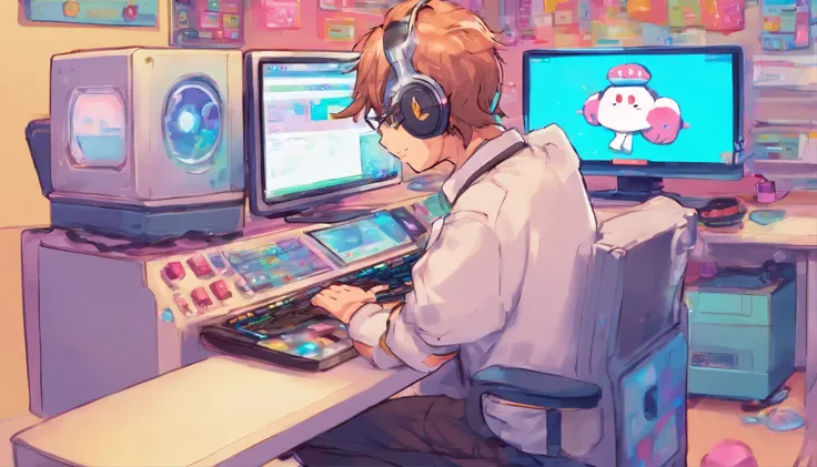 A middle-aged man facing the monitor and keyboard,Depiction from the back,Ponkotsu robot screen, SciencePhi Computer, No background, Consoles and Computers,pop feel