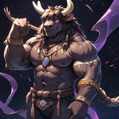 Tauren，A shy smile，strong，Show your muscles，Void background，whole body，Detailed character details