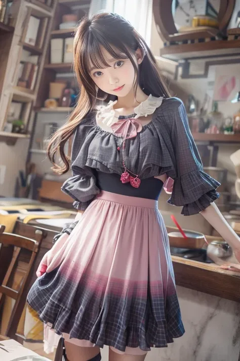 (水上の女の子) , masterpiece , top quality , very detailed , 1 person, (contrasting eyes) , standing , blouse, skirt , bangs , room , indoor