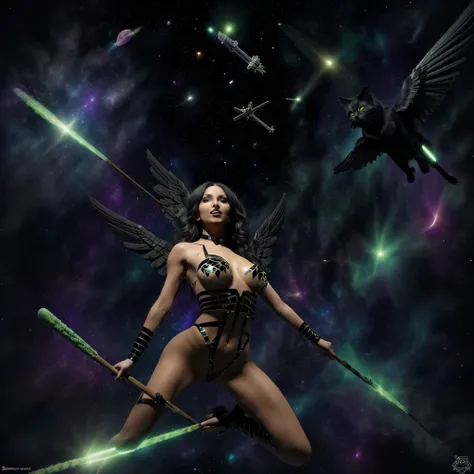 several sexy witches are racing their broomsticks in space, they are trying to catch a green comet. winged black cats chase and observe. nakedtape, sensual, sexy, enthralling