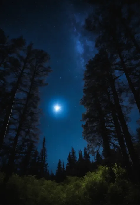 Forest Night Moon Blue Stars on sky

