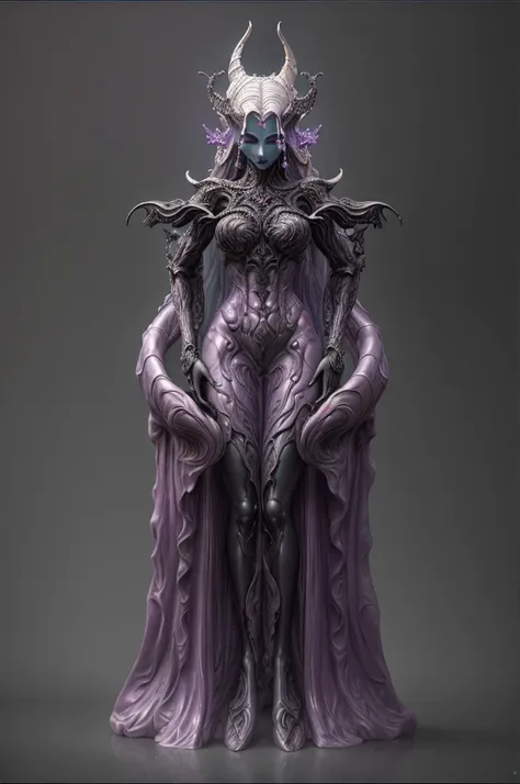 a statue of a woman in a purple dress, hyperdetailed fantasy character, hg giger flora borsi, dark sorceress full view, resin statue, beautiful elegant demon queen, lolth, intricate costume design, sculpture of cate blanchett, baroque vaporwave statue, com...