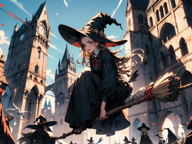 masterpiece, multiple people, broom_straddle_riding, broomstick race, witch
broom,broom riding,
blue sky,flying, long_dress,