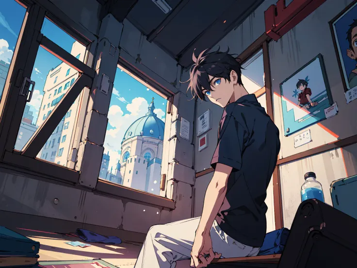 (masterpiece:1.2), best quality,PIXIV,fairy tale style, 18 years old, boy, black hair, blue eyes, indifferent, window, sitting


