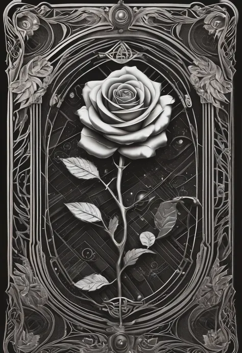 realistic, (best quality, masterpiece:1.3), abstract silver rose, tarot card, linework, light particles, gothic, celtic,  