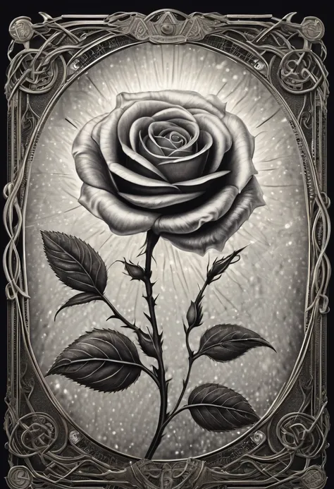 realistic, (best quality, masterpiece:1.3), abstract silver rose, tarot card, linework, light particles, gothic, celtic,