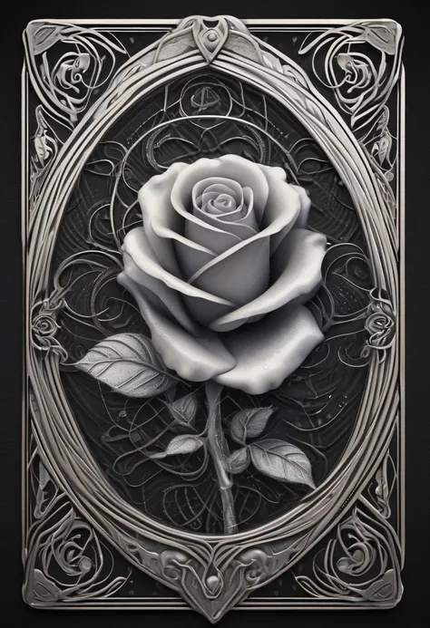 realistic, (best quality, masterpiece:1.3), abstract silver rose, tarot card, linework, light particles, gothic, celtic,