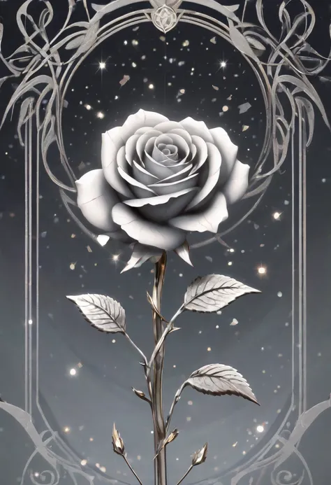 realistic, (best quality, masterpiece:1.3), abstract silver rose, tarot card, linework, light particles, gothic, celtic,  