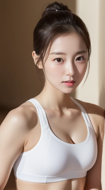 1 real photo of a cute Korean star, short ponytail, White skin, Light makeup, 40 inch bust size,modest breasts, Wear a sports bra, In the fitness room, upper body portrait, ultra high definition