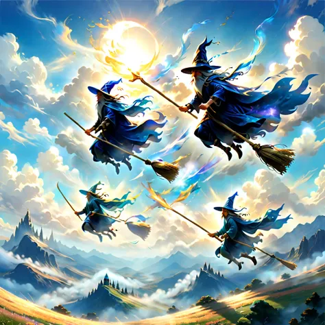 In a bright afternoon setting, several wizards are racing on flying brooms under the blue sky. They are weaving through clouds, fiercely competing and chasing each other. The background showcases a vast expanse of sky and distant mountains, conveying a sen...