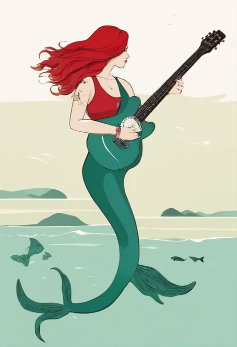 mermaid, Red hair, sea, green shirt, guitar, fish, tail, tattoos