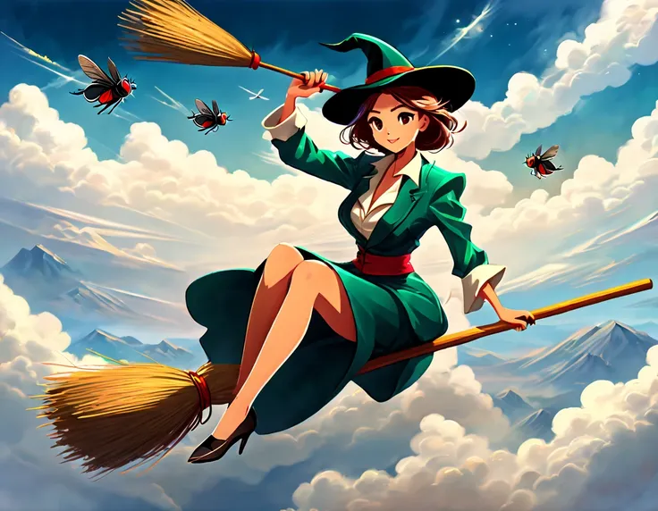 bird&#39;s eye view，beautiful female magician，(sitting posture on broom:1.2)，(driving a broom)，(Magic Broom)，(Fly in the sky:1.5)，Contest，multiple participants，Traveling through the clouds，compete fiercely、chase，vast sky and distant mountains，