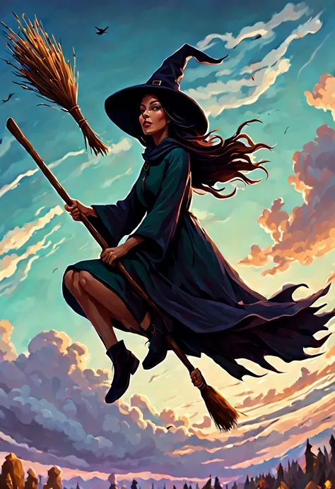 (sit on a broom:1.5) witches flying in the sky with their brooms and hats, wraiths riding in the sky, sky witch, flying on the broom, rob rey, by Alexander Kucharsky, fantasy illustrations, realistic fantasy illustration, wlop and rhads, flying in sky, hig...