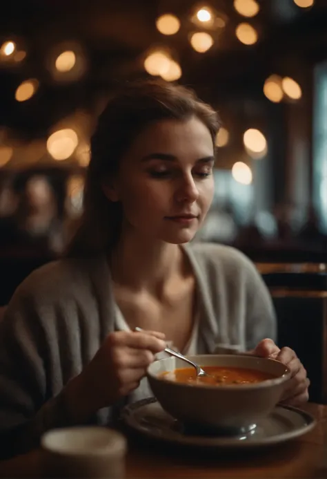 A girl sits in a restaurant eating soup