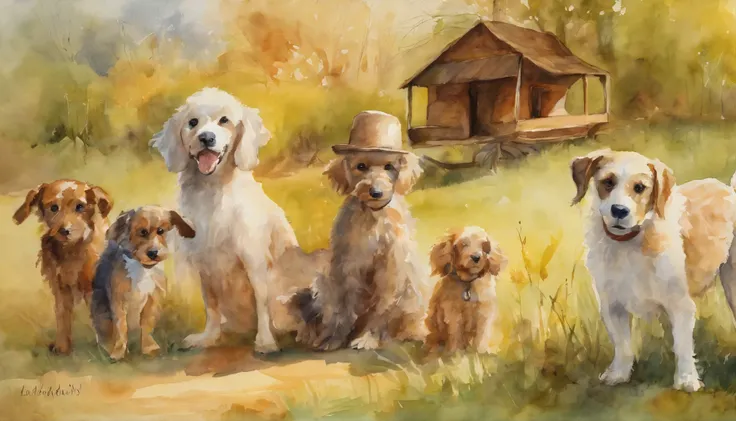 Generate an image bathed in a golden afternoon sun, echoing the style of a 1900 illustration artwork, showcasing Emily, Coco, and Baxter enjoying treats