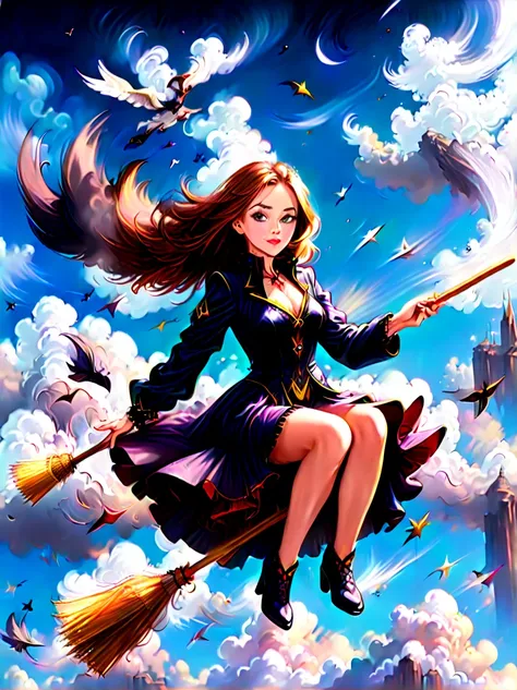 Beautiful female magician, (position sitting on a broom: 1.2), (driving a broom), (magic broom), (flying in the sky: 1.5), competition, multiple participants, shuttled through the clouds, competing fiercely, Chase, the vast sky and distant mountains,