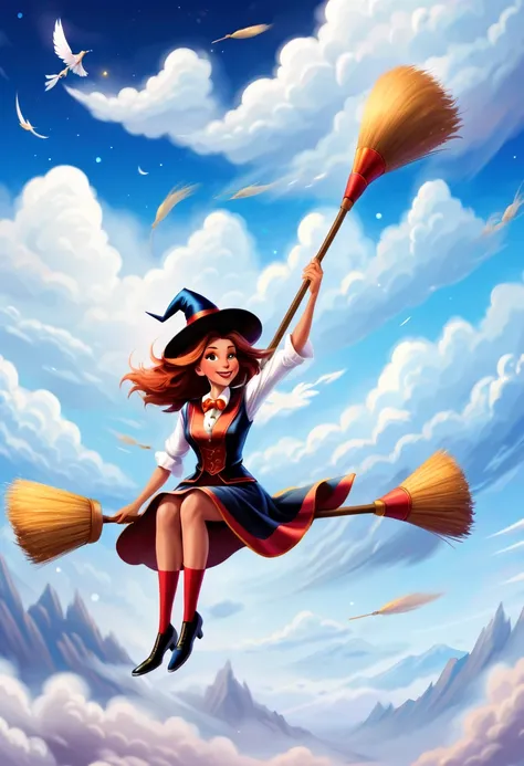 Beautiful female magician, (position sitting on a broom: 1.2), (driving a broom), (magic broom), (flying in the sky: 1.5), competition, multiple participants, shuttled through the clouds, competing fiercely, Chase, the vast sky and distant mountains,