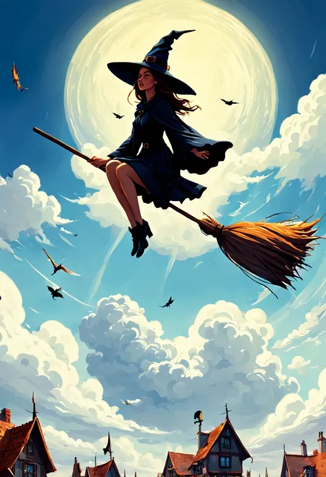 (sit on a broom:1.5) witches flying in the sky with their brooms and hats, wraiths riding in the sky, sky witch, flying on the broom, rob rey, by Alexander Kucharsky, fantasy illustrations, realistic fantasy illustration, wlop and rhads, flying in sky, hig...