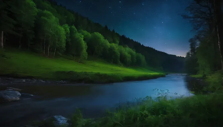 Night forest with shining stars、Pleasant pastures where you can rest for a while and replenish positive energy, Next to the river flowing in the sparkling crystal clear water.