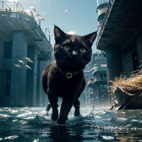 a black cat,smile, golden big eyes, short ears,running in the water, weapon by heavy equipment,,swimming in the ocean of fish,surrounding by futuristic city, in the afternoon, ultra realistic photograph,dramatic scene, high res image, depth the field, long...