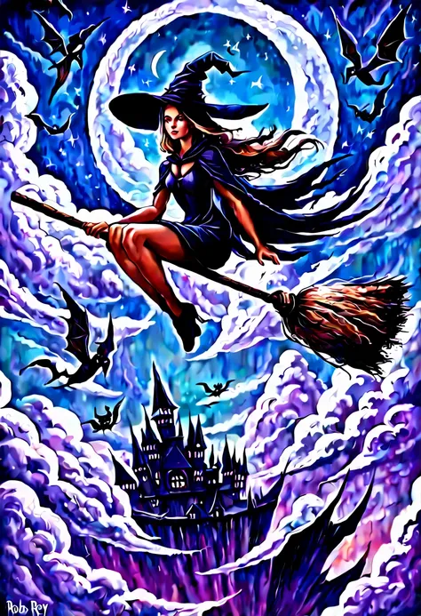 (sit on a broom:1.5) witches flying in the sky with their brooms and hats, wraiths riding in the sky, sky witch, flying on the broom, rob rey, by Alexander Kucharsky, fantasy illustrations, realistic fantasy illustration, wlop and rhads, flying in sky, hig...