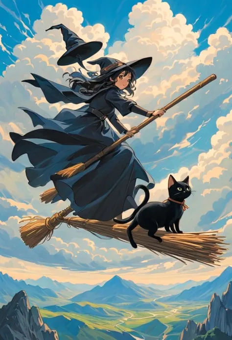 The wizard carrying the black cat a drawing of a woman in a witch costume sitting on a broom, classical witch, witch fairytale, Witch girl and black cat, on a bright afternoon，Many wizards compete on broomsticks under the blue sky。They shuttle among the cl...